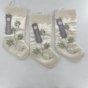 3 Martha Stewart Christmas Luster Stockings Beaded Holly & Lace Winter White 20"